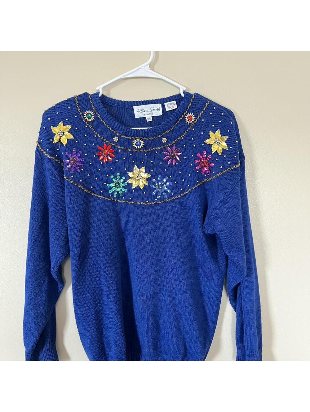 Vintage Allison Smith Royal Blue Beaded Sequin Christmas Sweater Petite Small